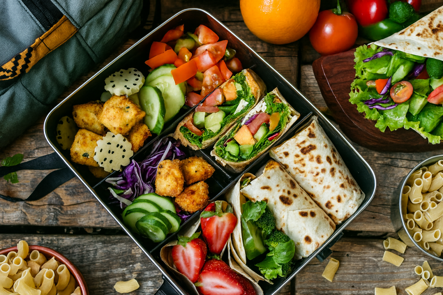 Healthy vegan back to school lunchbox ideas with colorful wraps and snacks