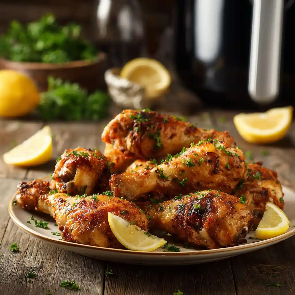 Crispy chicken drumsticks cooked in air fryer served with lemon