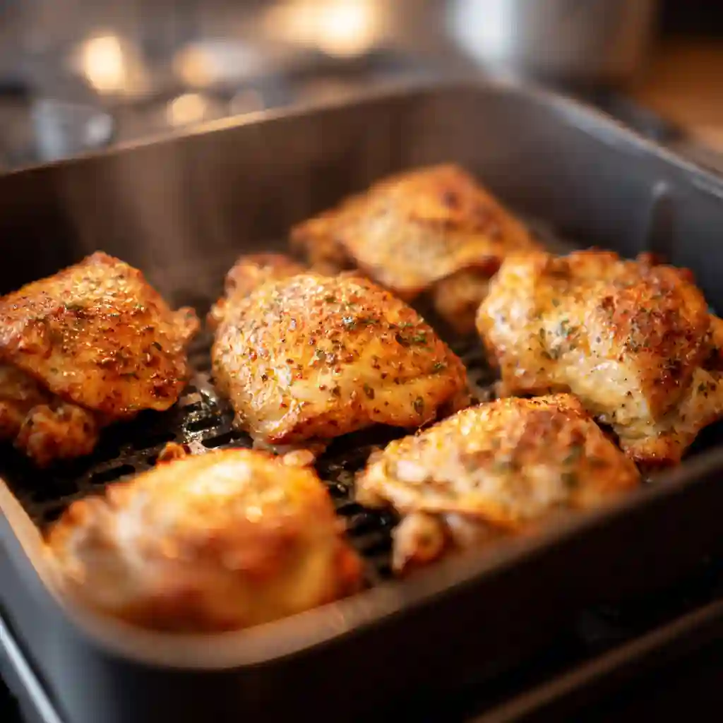 Boneless chicken thighs cooking in air fryer at 400°F
