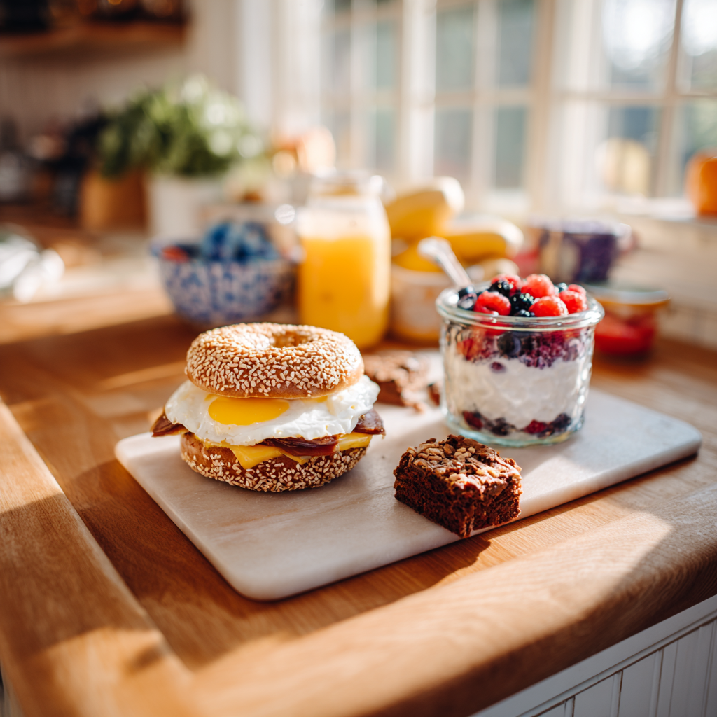 First day of school breakfast with savory sandwich, parfait, and brownie