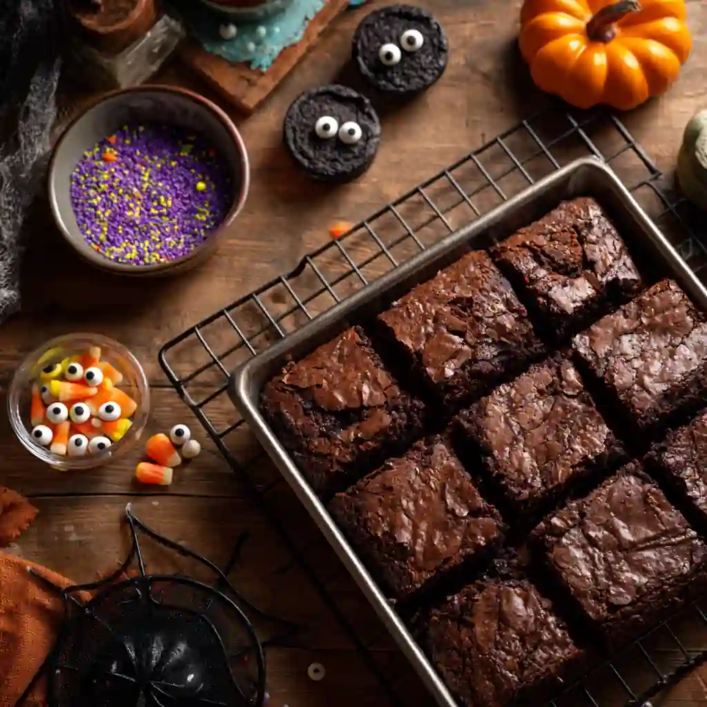Fresh Halloween brownies cooling before decorating