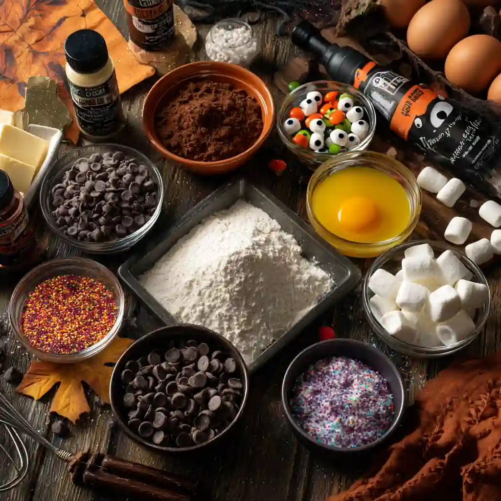 Halloween brownie ingredients laid out on a rustic counter