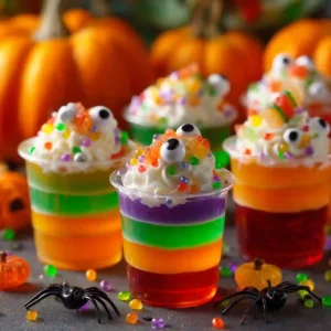Kid-friendly Halloween jello shots with whipped cream and gummy worms
