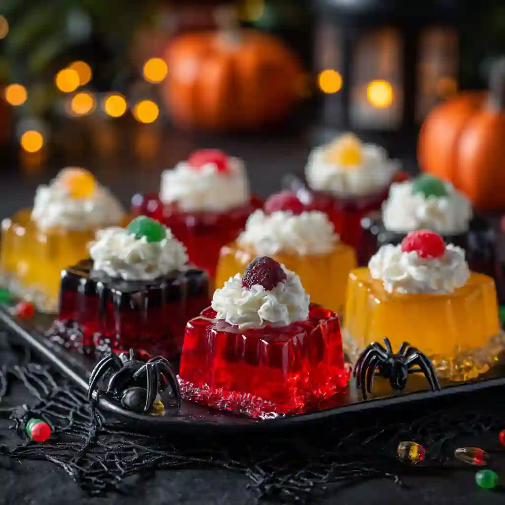 Halloween jello shots served on spooky tray with festive decorations