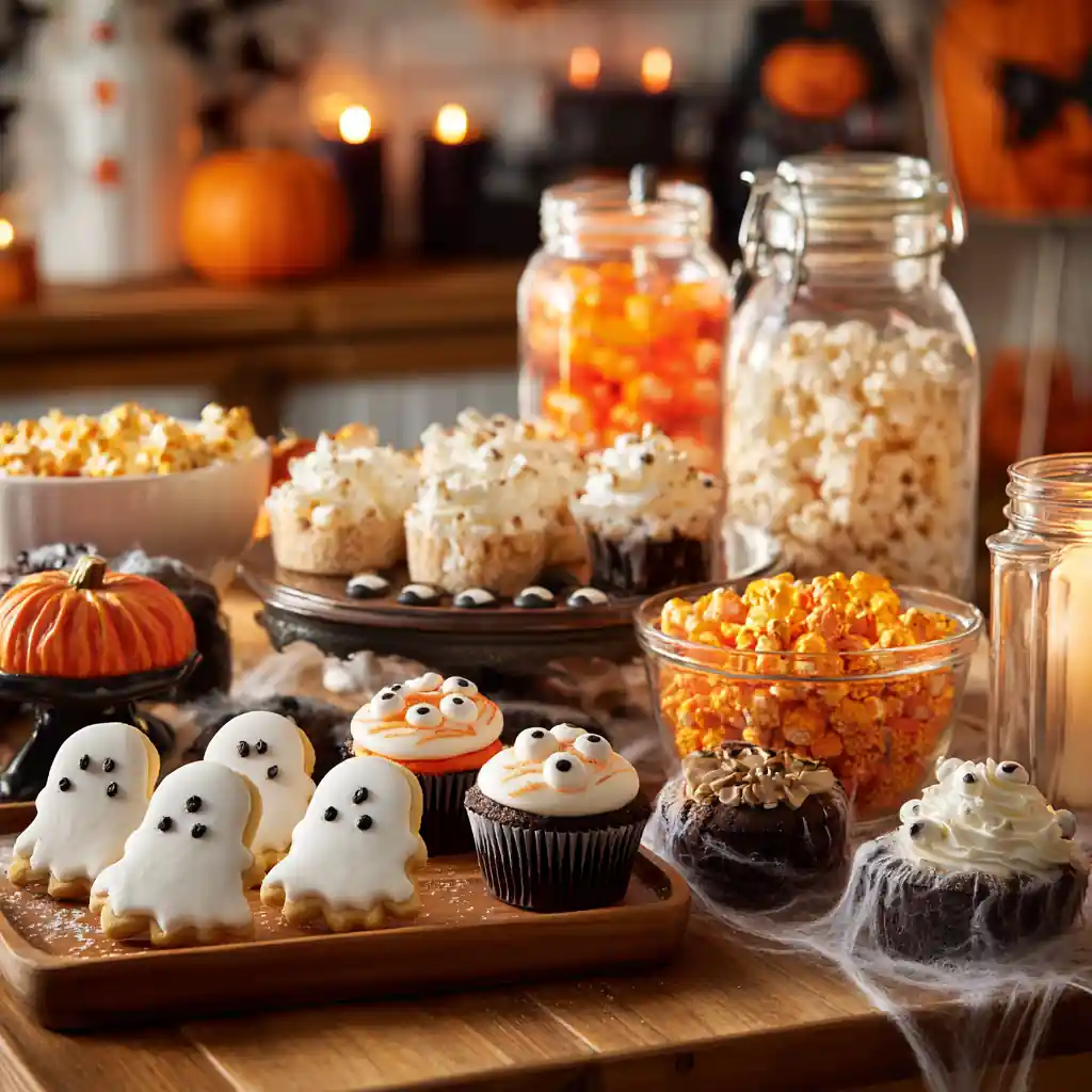 halloween party treats on spooky decorated table