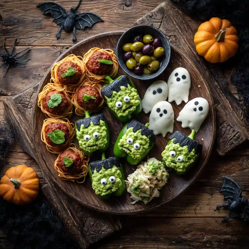 Spooky Fun: Halloween Snack Ideas That’ll Vanish in Minutes 4 Halloween snack platter with Frankenstein bell peppers, monster eye meatballs, and ghost string cheese