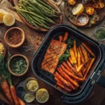 Healthy Air Fryer Recipes – Crispy Veggies and Salmon in Air Fryer Basket