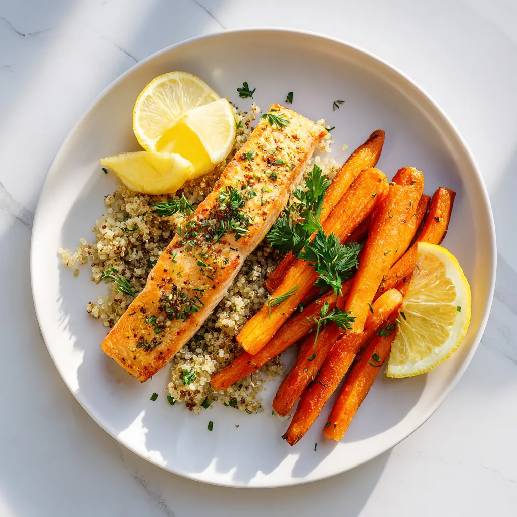 Healthy Air Fryer Recipes Served with Quinoa Salad and Carrots