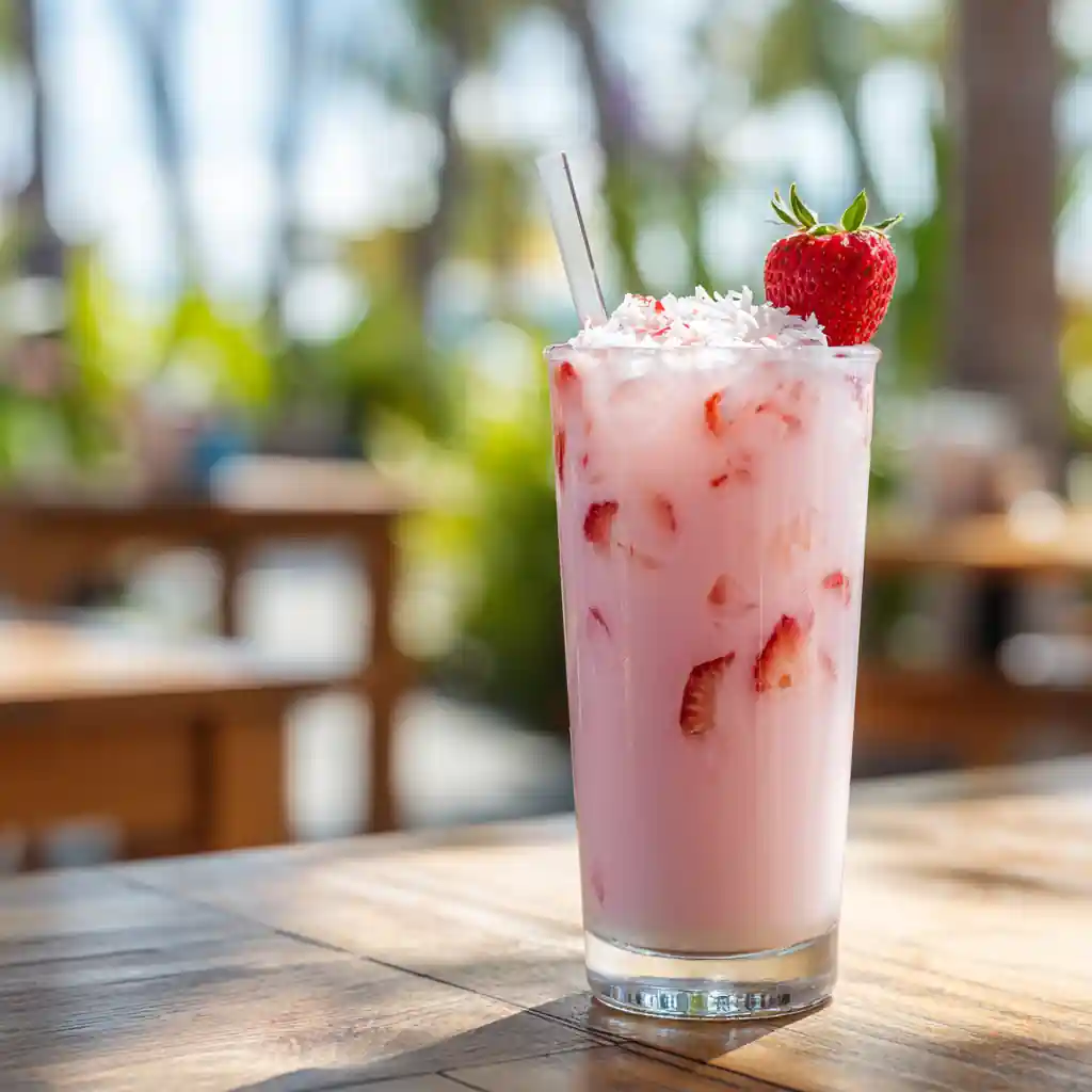 Pink drink made with coconut milk and strawberries