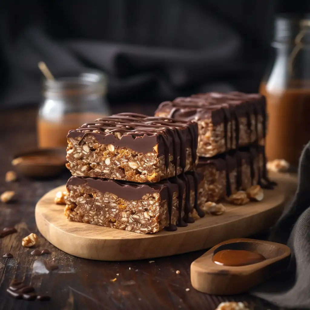 The Best High-Protein Chocolate Peanut Butter Bars 6 sliced high-protein chocolate peanut butter bars ready to eat