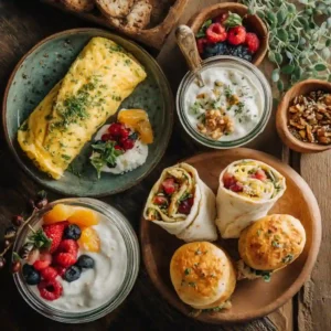High-protein breakfast spread with omelette, muffins, wrap, chia pudding with yogurt and berries, and cottage cheese.