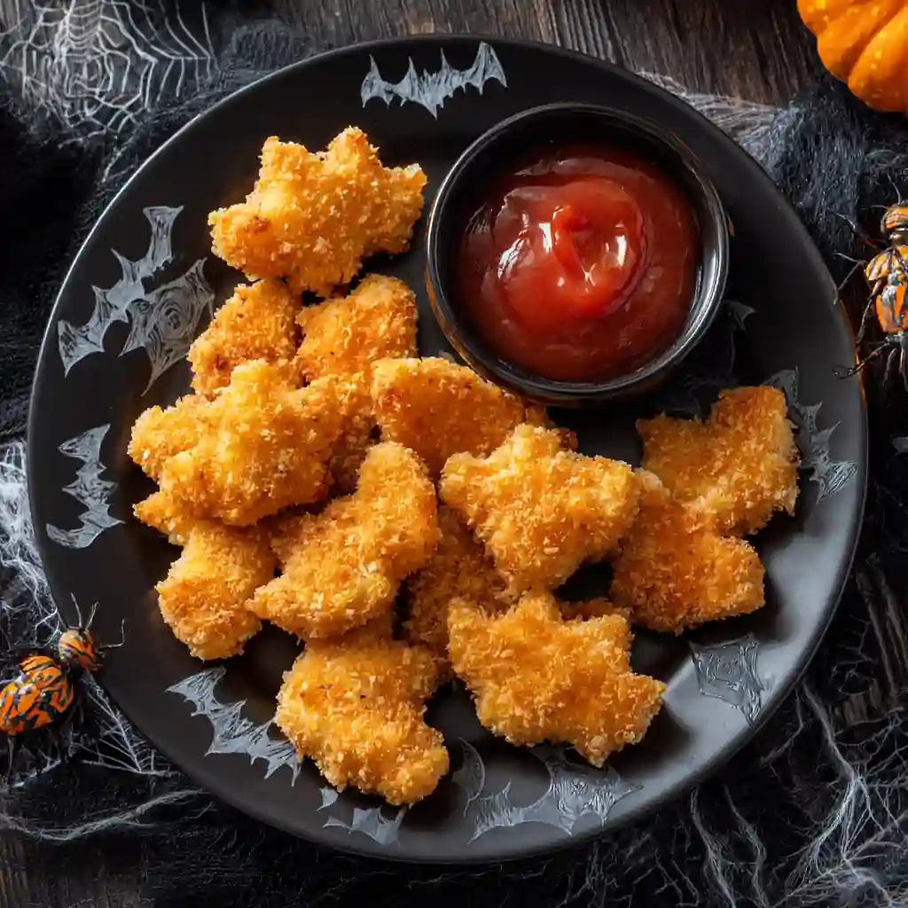 Bat-shaped chicken nuggets on a spooky party plate