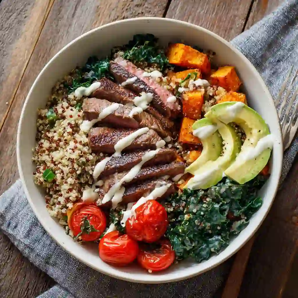 Beef protein bowl with steak, quinoa, and vegetables