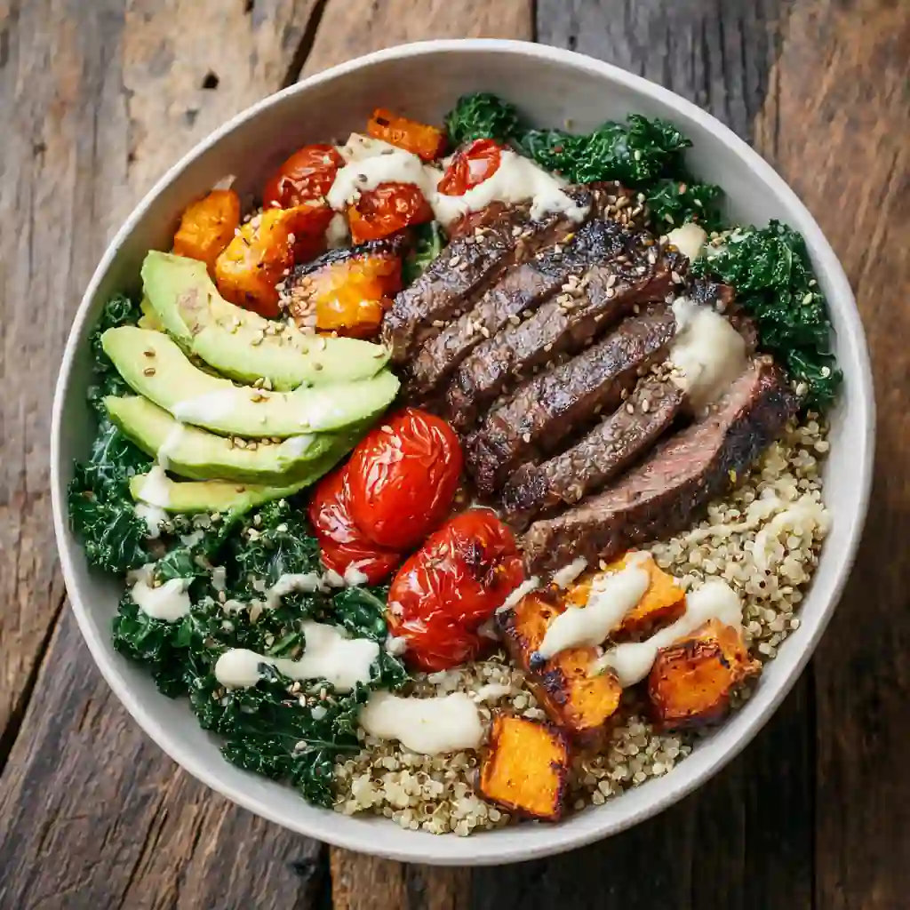 Sliced grilled beef served with quinoa, kale, avocado, cherry tomatoes, and roasted sweet potato 