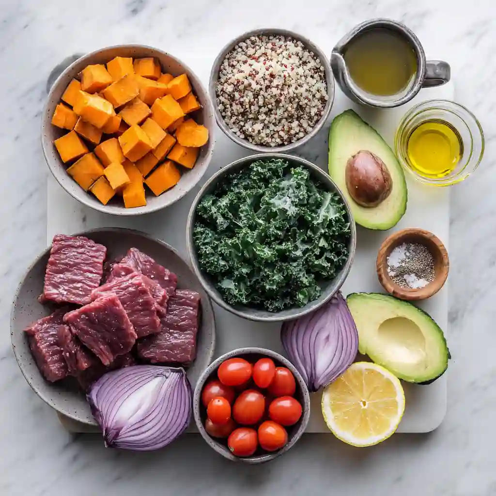 Individual ingredients for beef protein bowl in small bowls