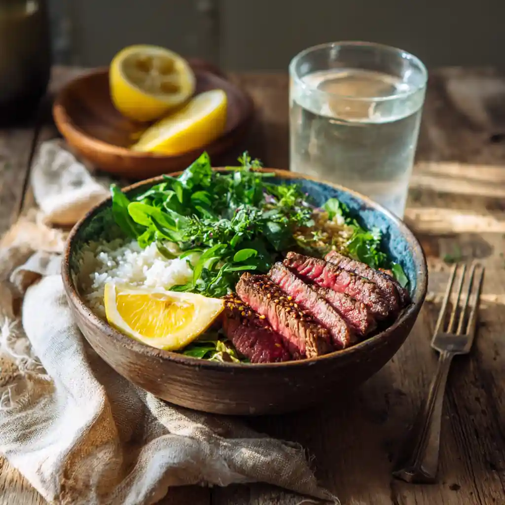 Beef protein bowl served with roasted vegetables and quinoa