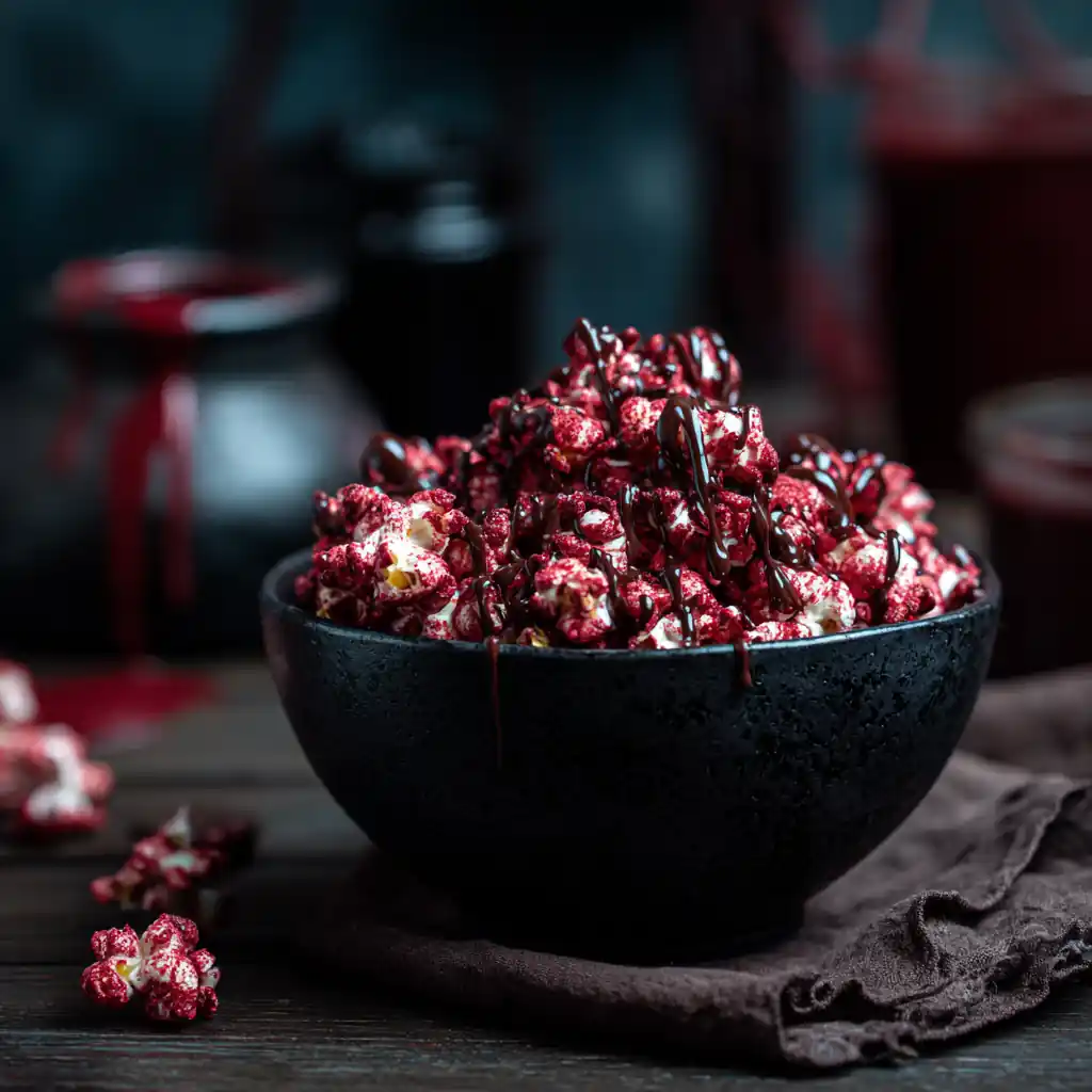 Bloody red velvet popcorn with red chocolate drizzle in a bowl