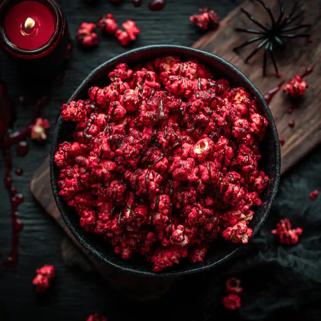 Bloody Red Velvet Popcorn: A Spooky Sweet Treat You’ll Crave All Year 2 Bloody red velvet popcorn in a bowl with red chocolate drizzle and Halloween props