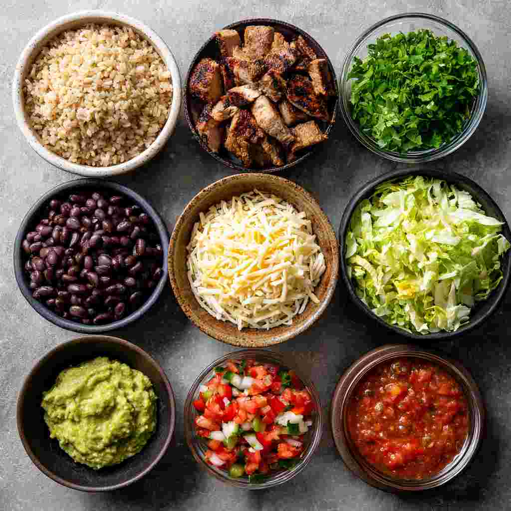 High Protein Bowl Chipotle: Build Your Power Bowl Like a Pro 4 individual ingredients for high protein Chipotle bowl in separate bowls