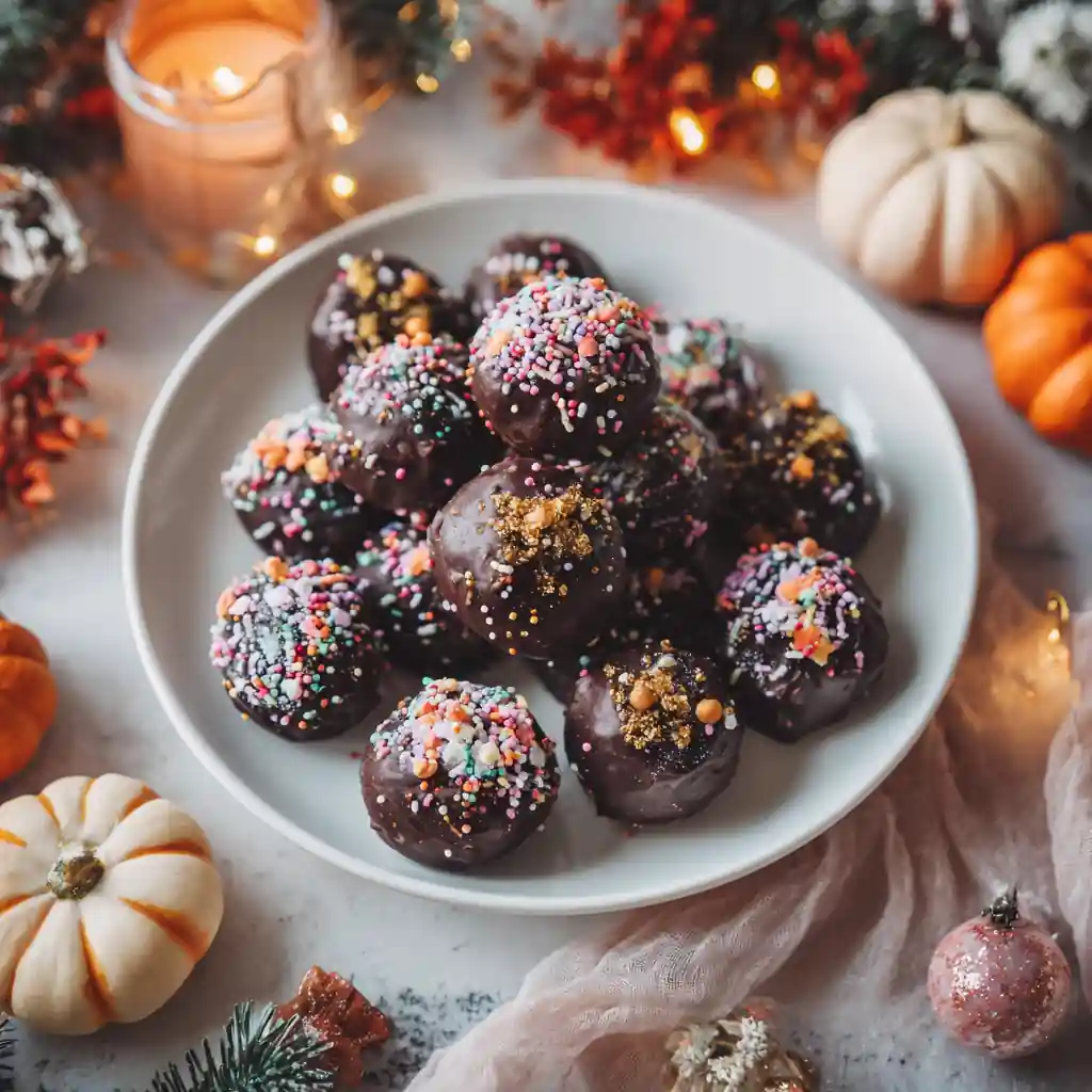 Double Chocolate Brownie Truffles decorated for festive holidays