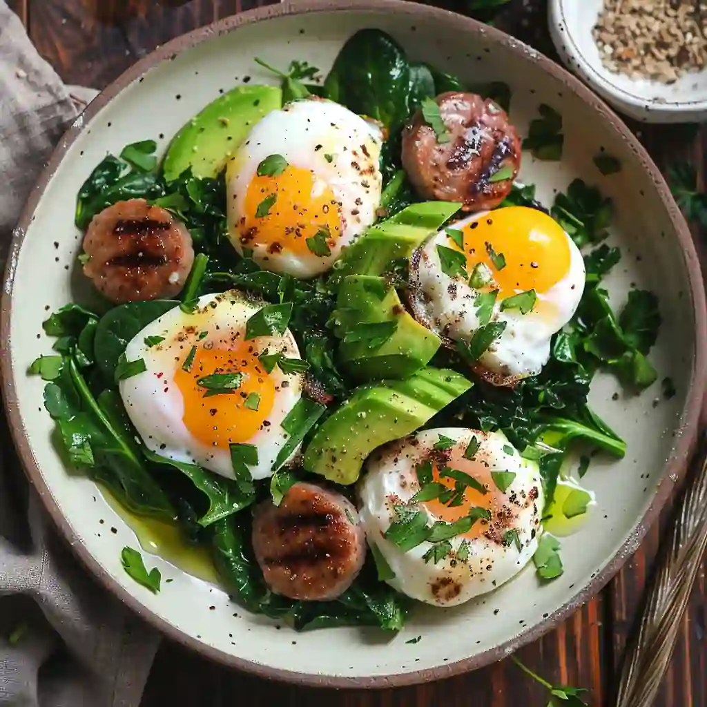 Low-carb breakfast with eggs, spinach, avocado, and turkey sausage