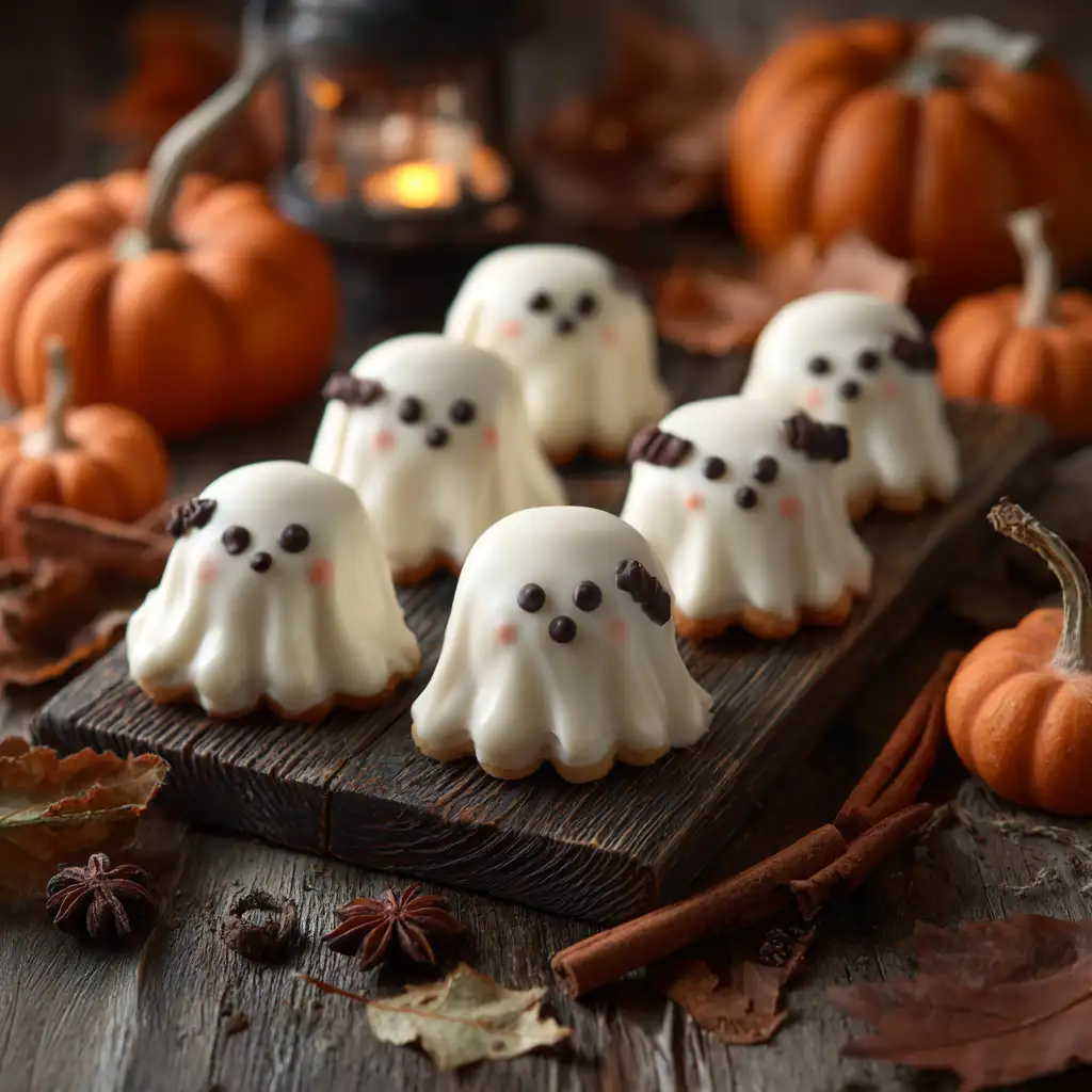 Ghost cookies with white chocolate and marshmallows on a rustic Halloween table