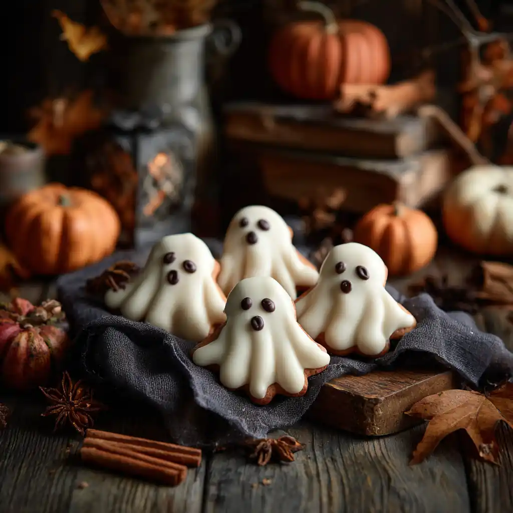 Ghost cookies with white chocolate and marshmallows on a rustic Halloween table