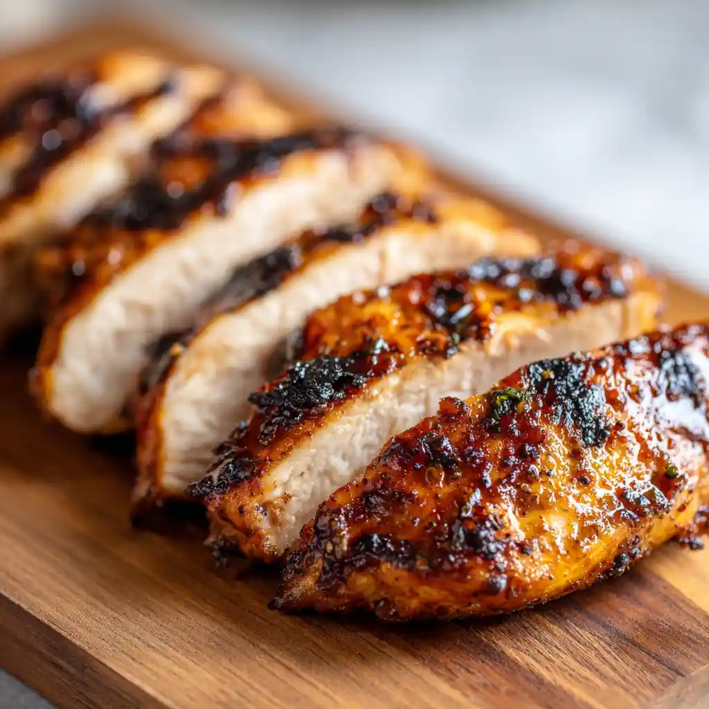 Grilled chicken breast cooking on pan