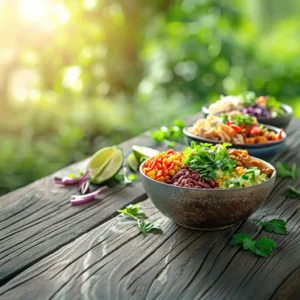 A vibrant and healthy High-Protein Bowls for lunch packed with grilled chicken, quinoa, fresh avocado, and colorful vegetables, ready to eat.