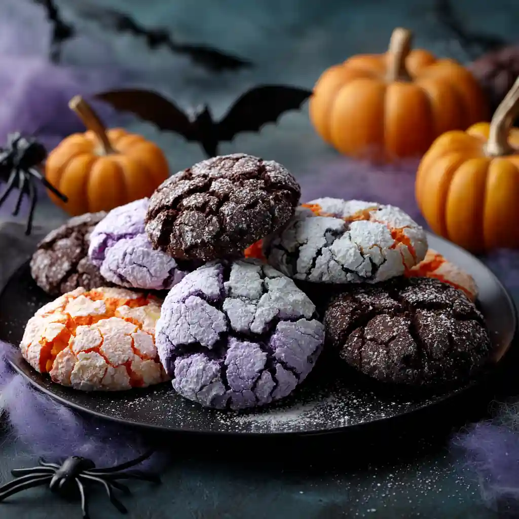 Halloween Crinkle Cookies with cracked powdered tops in festive colors