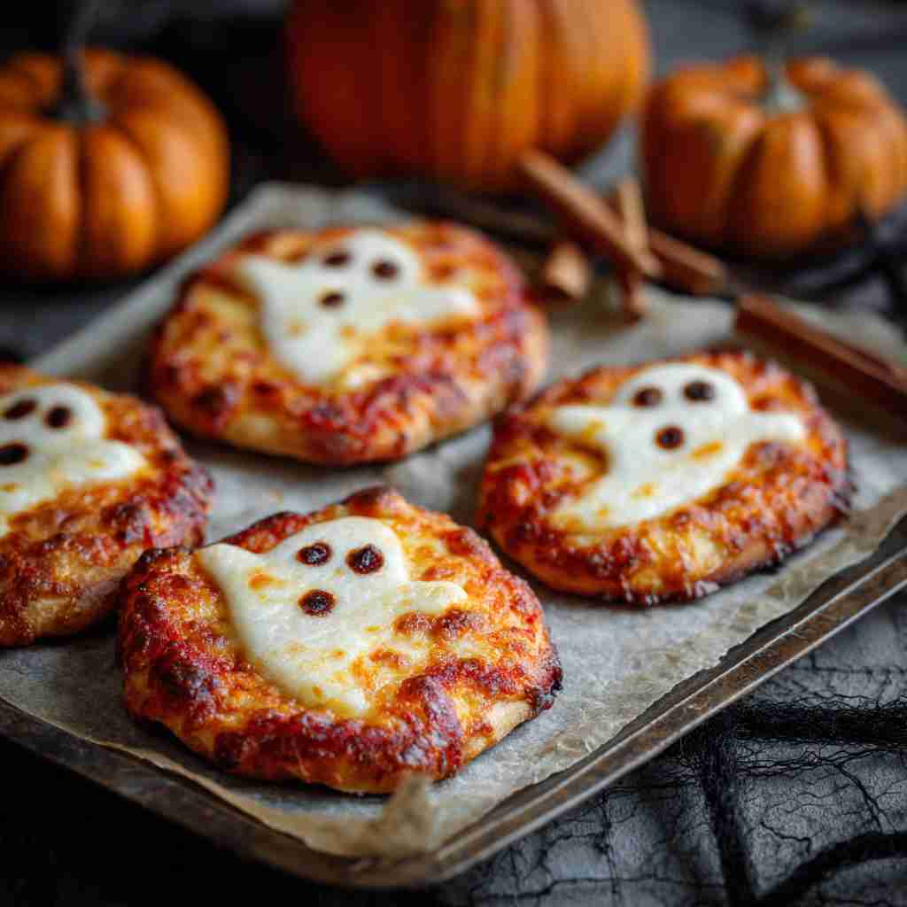 halloween ghost pizza made with mozzarella ghosts and olive eyes on english muffins