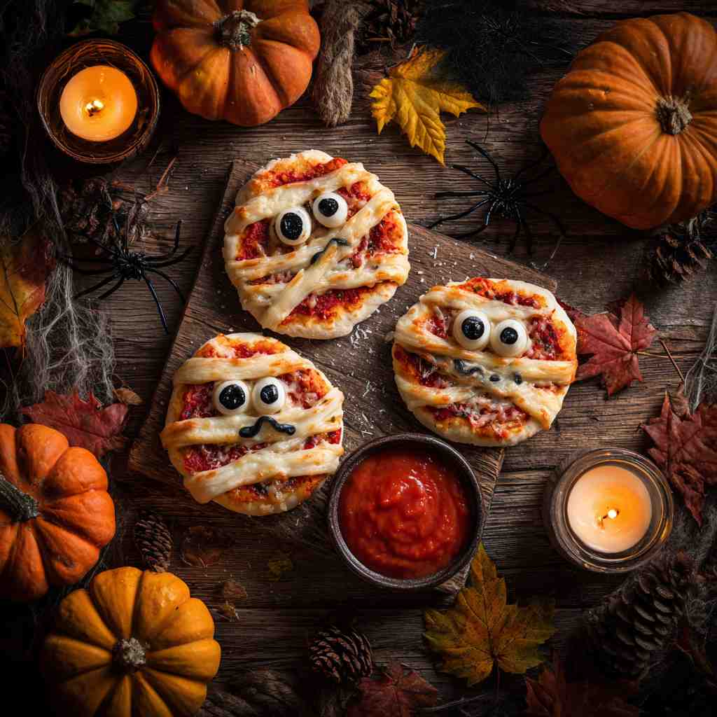 Halloween Mini Pizza Recipes Even the Mummies Love! 2 Halloween mini pizza recipes with ghost