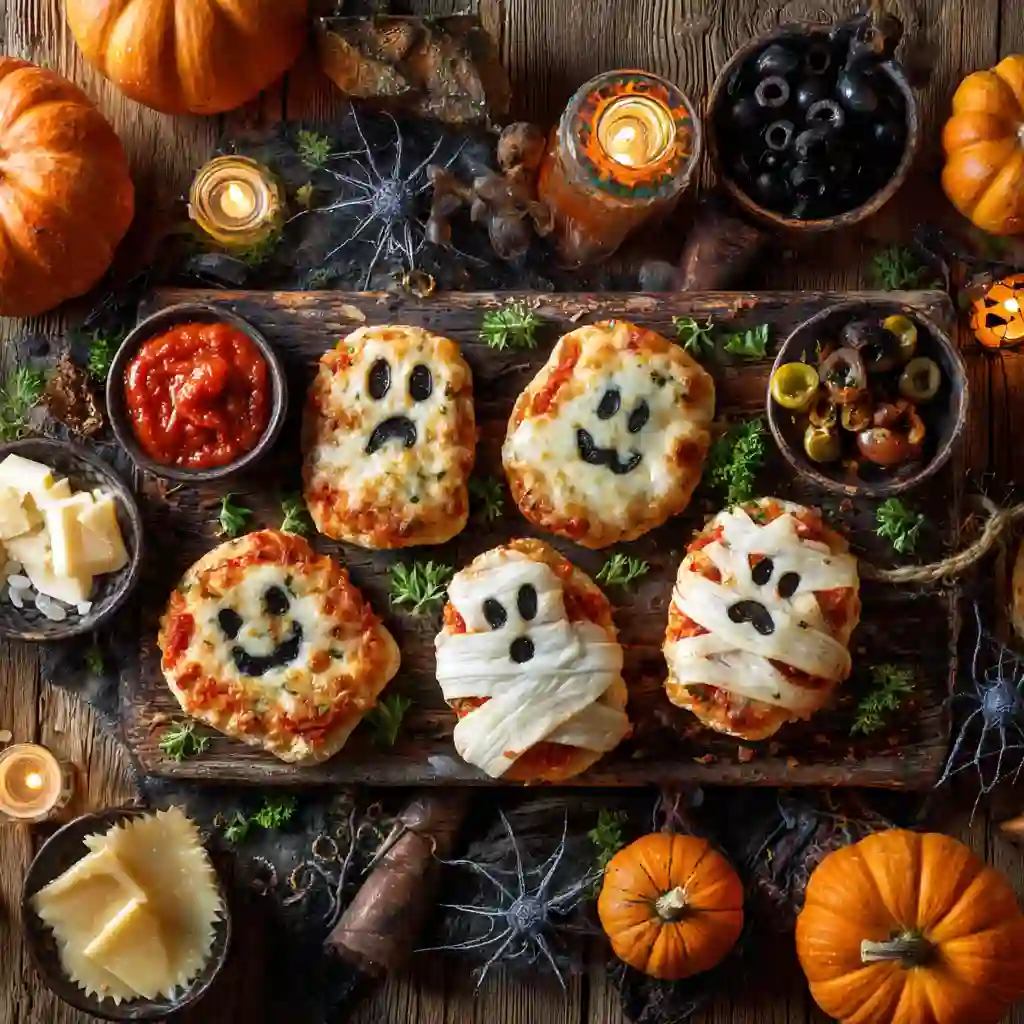 Halloween mini pizza recipes with ghost and mummy toppings