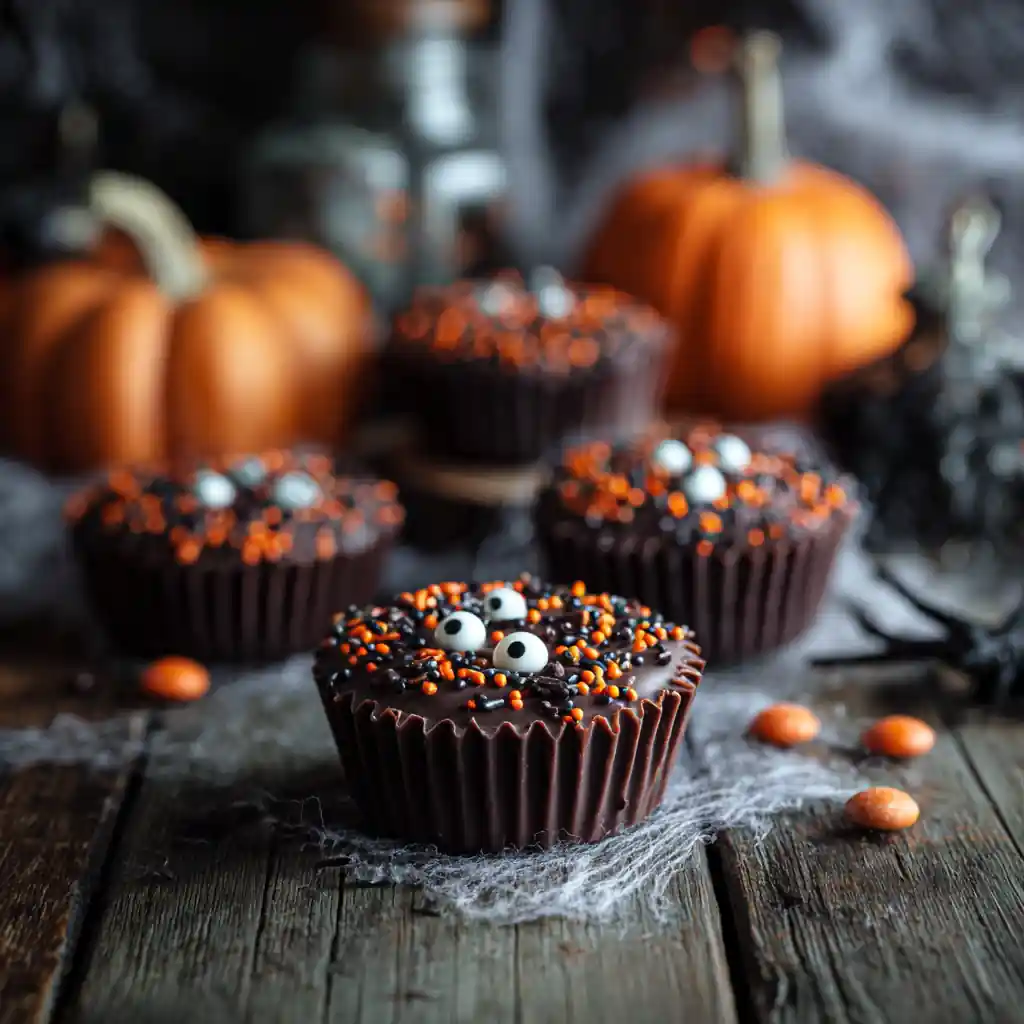 Homemade Halloween Peanut Butter Cups with festive toppings and candy decorations