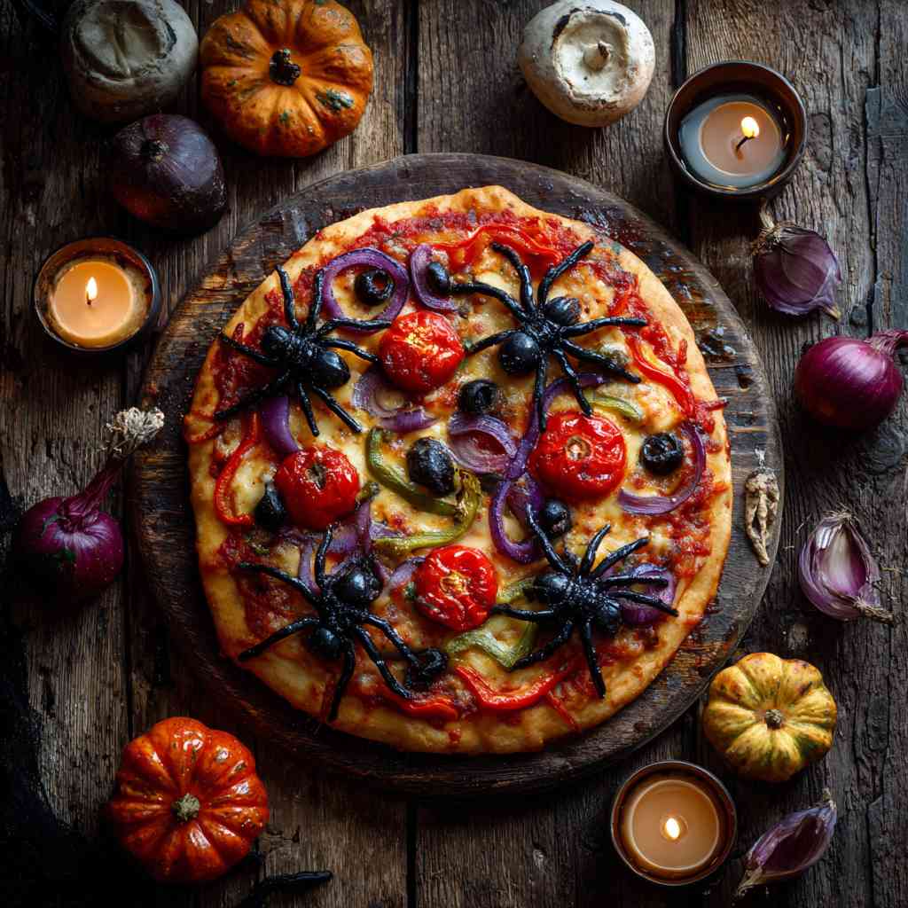 Halloween Veggie Pizza Recipe topped with spooky olive spiders and bell pepper pumpkins