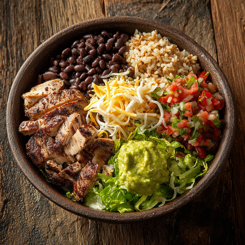 high protein bowl chipotle with grilled chicken, steak, and guacamole