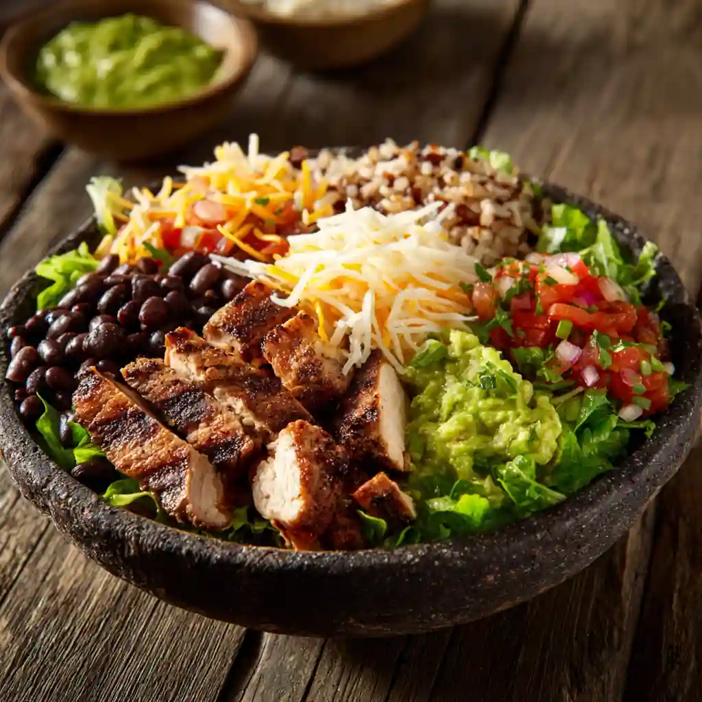 Grilled chicken with black beans, rice, guacamole, cheese, and salsa in a high protein chipotle bowl | yourdomain.com