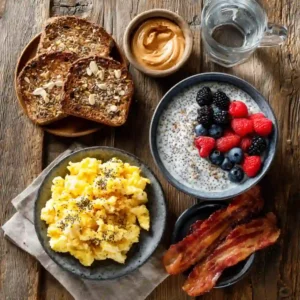 High-protein breakfast for weight loss with eggs, yogurt, and toast