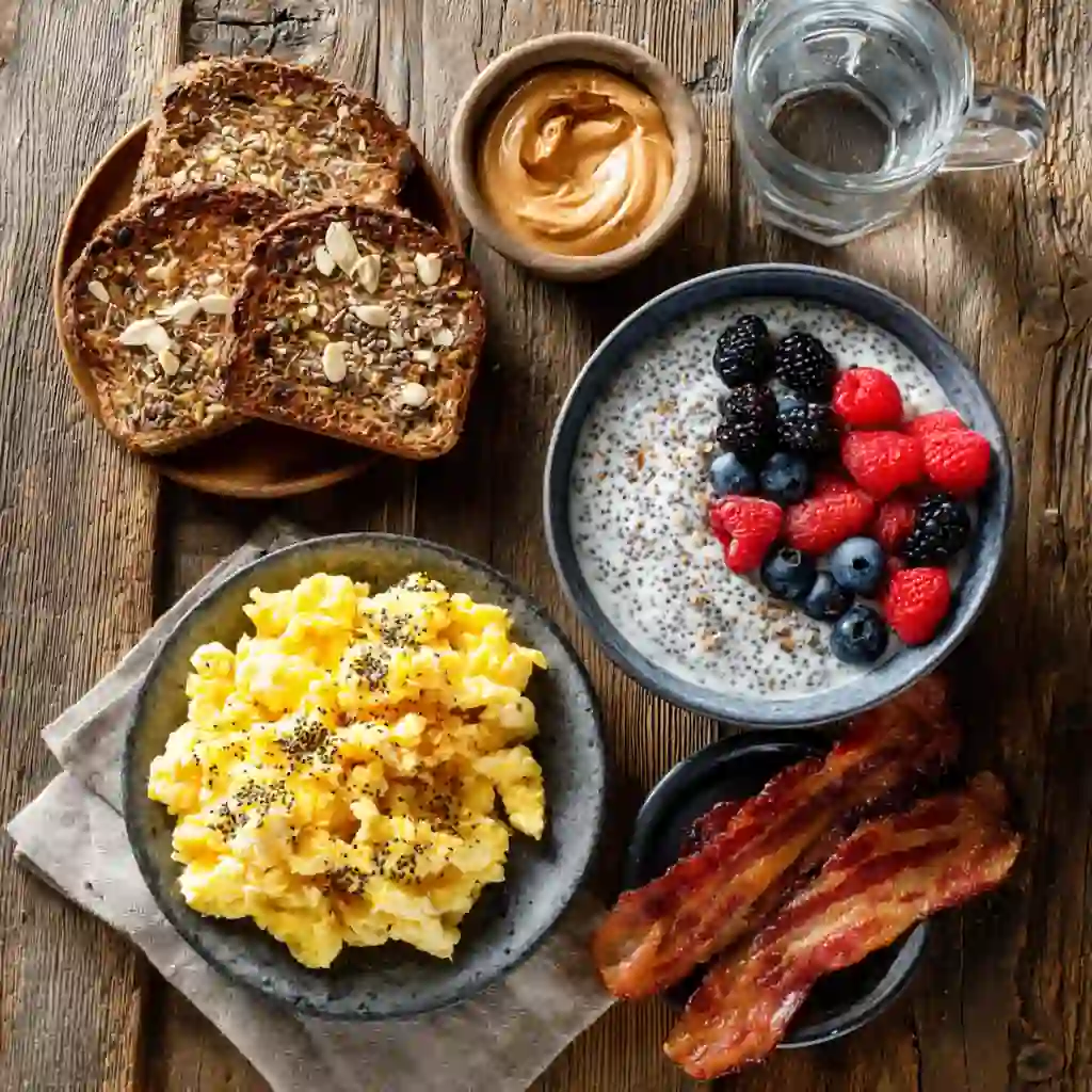 High-protein breakfast for weight loss with eggs, yogurt, and toast