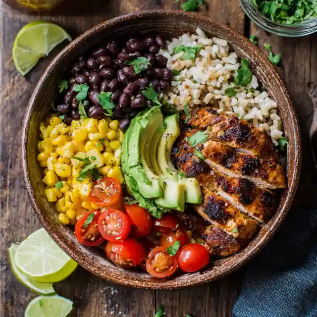 High protein burrito bowl with grilled chicken, beans, rice, avocado, and vegetables