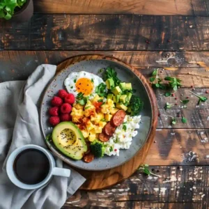 High-protein low-carb breakfast with eggs, avocado, turkey sausage, and cottage cheese
