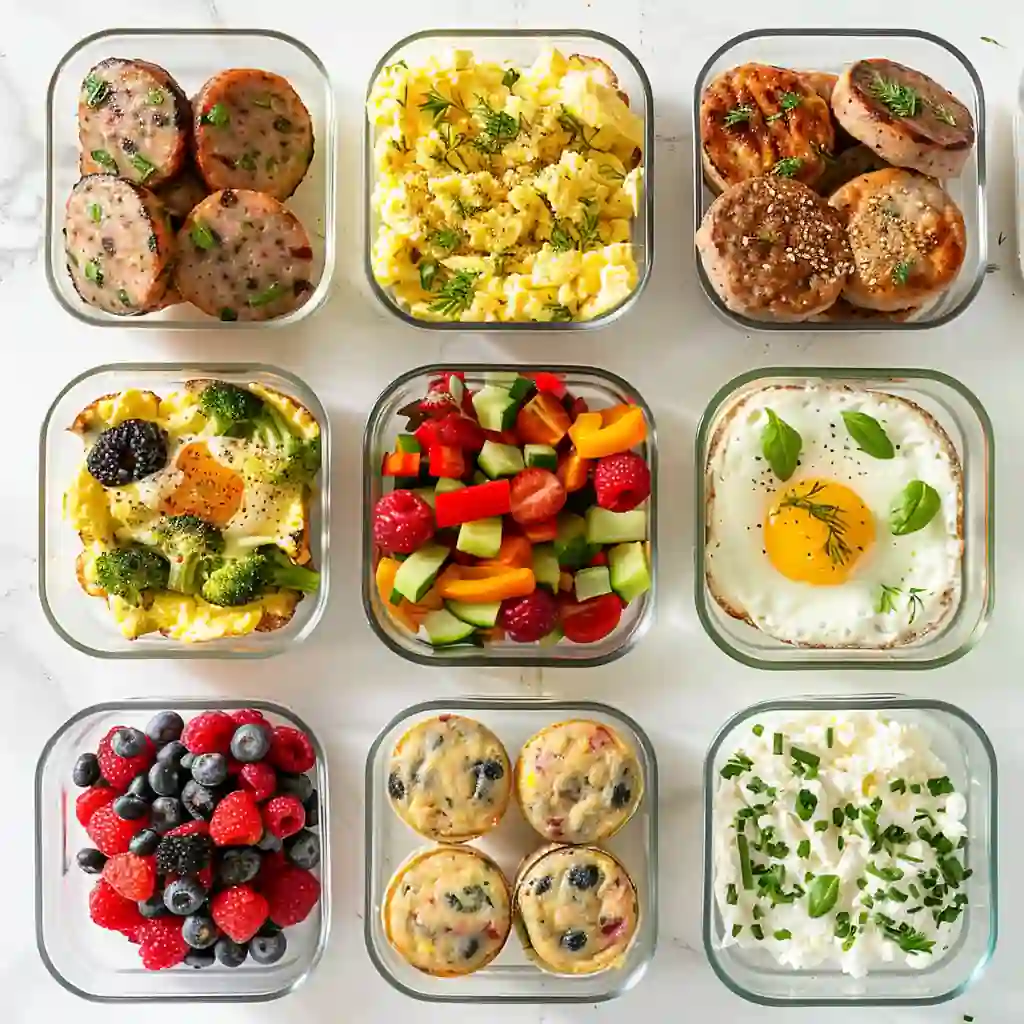 Meal prepped high-protein low-carb breakfast in containers