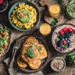 High-protein vegan breakfast dishes including tofu scramble and oats