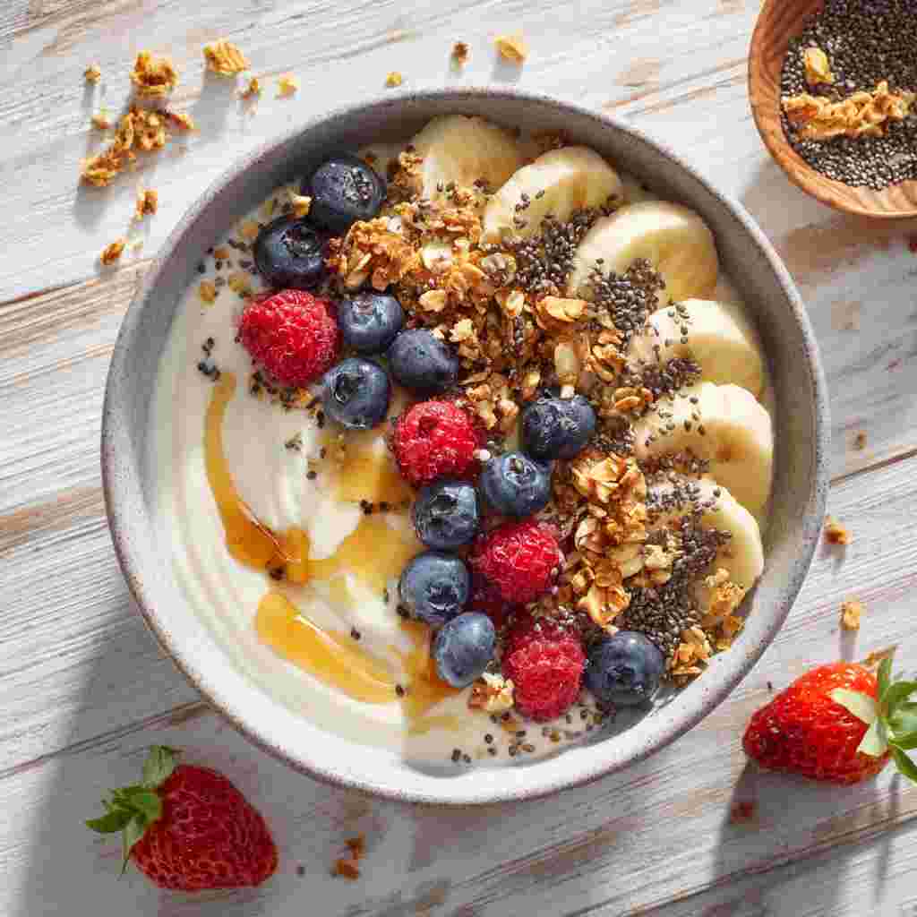 High protein yogurt bowl with berries, granola, and honey