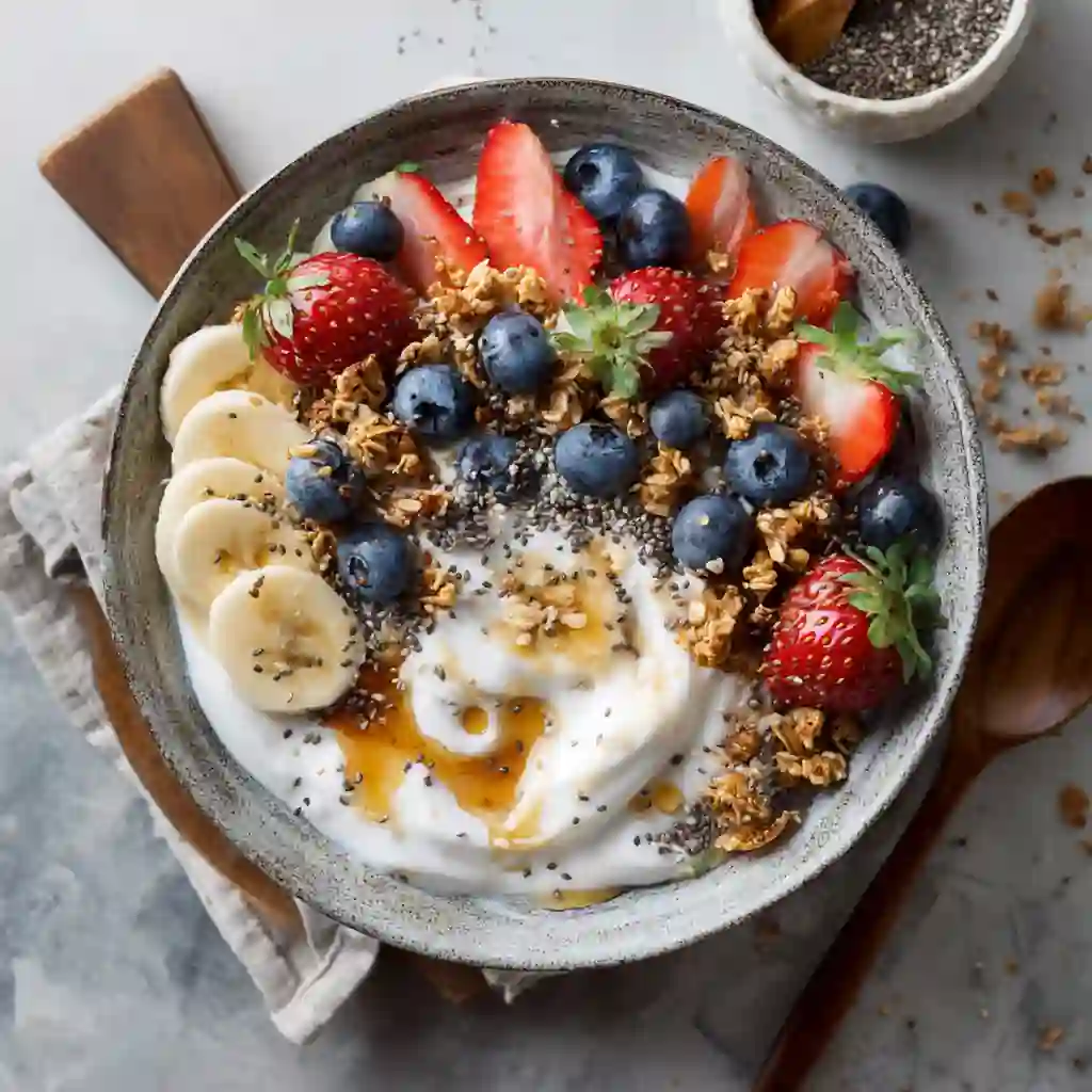 Yogurt bowl topped with strawberries, blueberries, banana slices, granola, chia seeds, and maple syrup