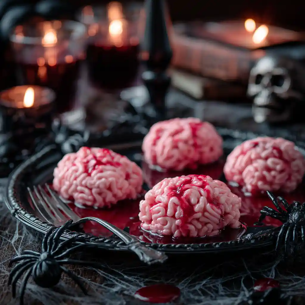 Brain-shaped Marshmallow Rice Krispies Halloween treats on a spooky tray