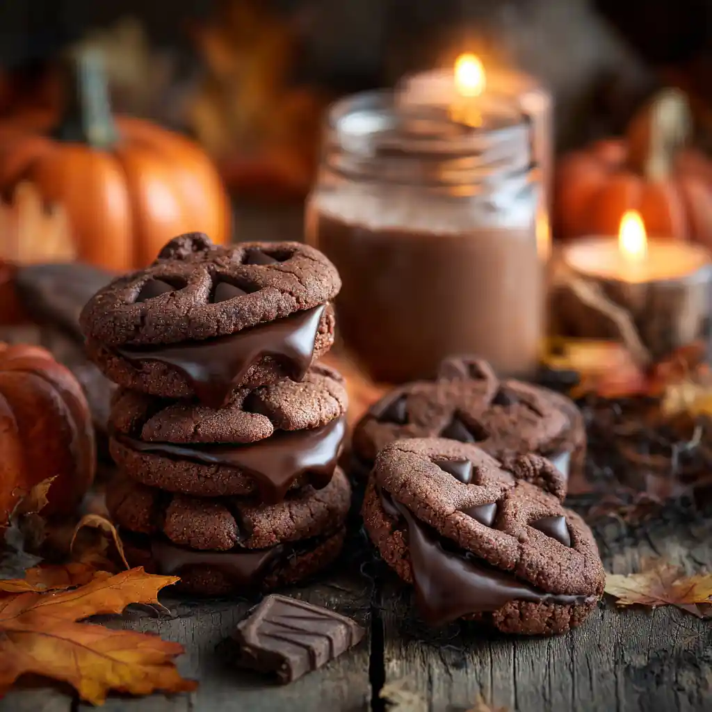 Milk Chocolate Stuffed Jack-O-Lantern Cookies on a rustic Halloween table