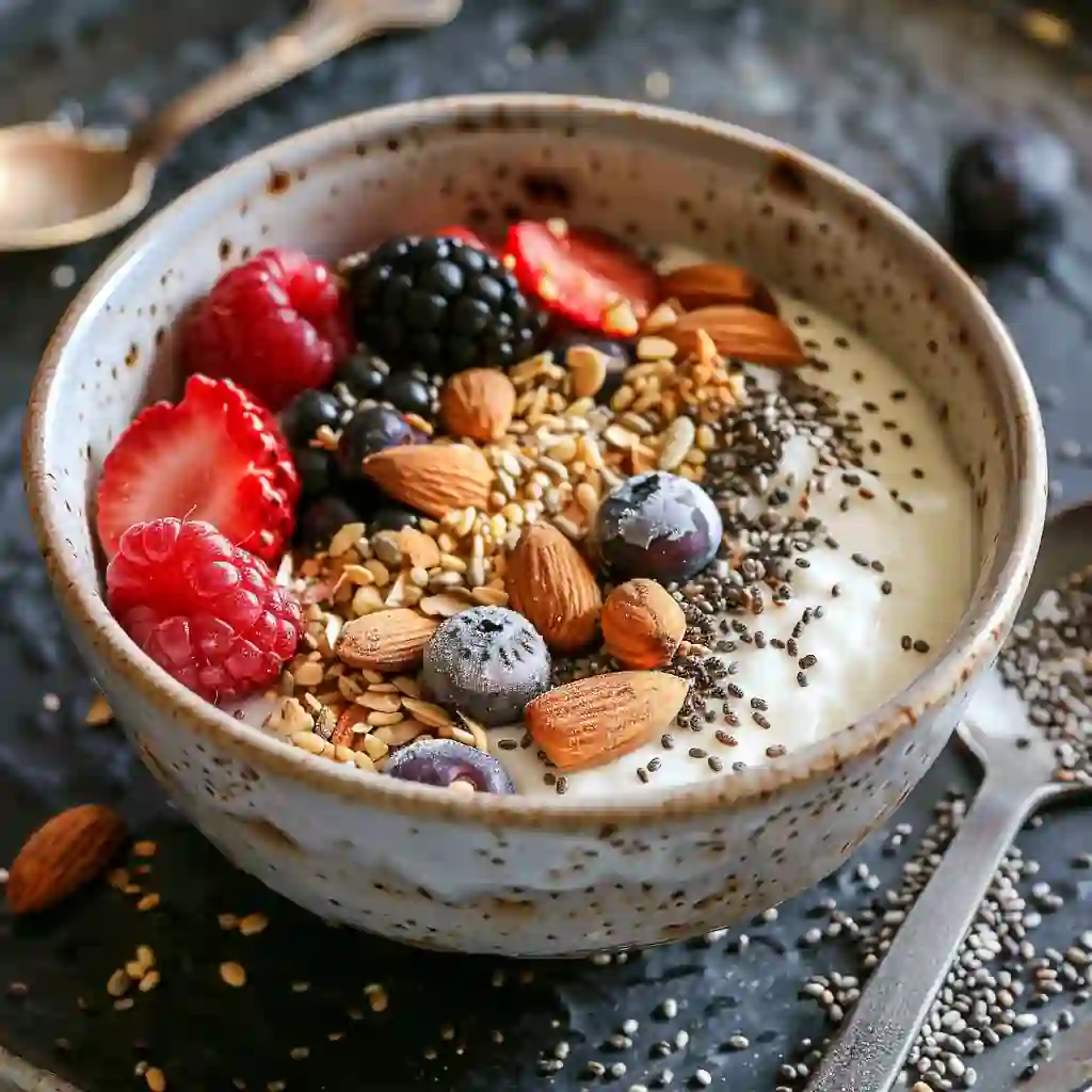 High-protein low-carb breakfast bowl without eggs featuring yogurt, chia seeds, and berries