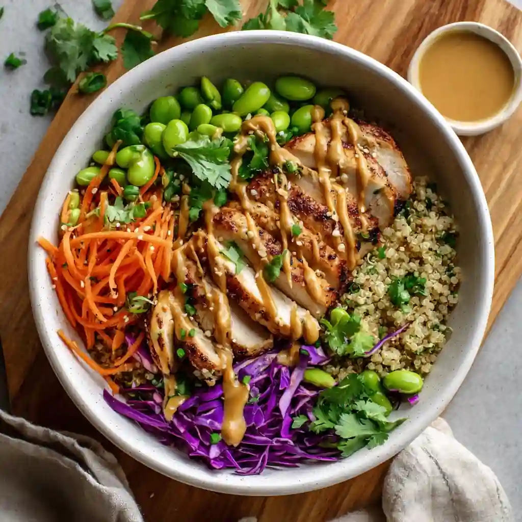 Peanut chicken protein bowl with grilled chicken and peanut sauce
