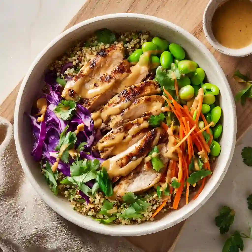 Grilled chicken protein bowl with quinoa, purple cabbage, carrots, edamame, and peanut sauce drizzle